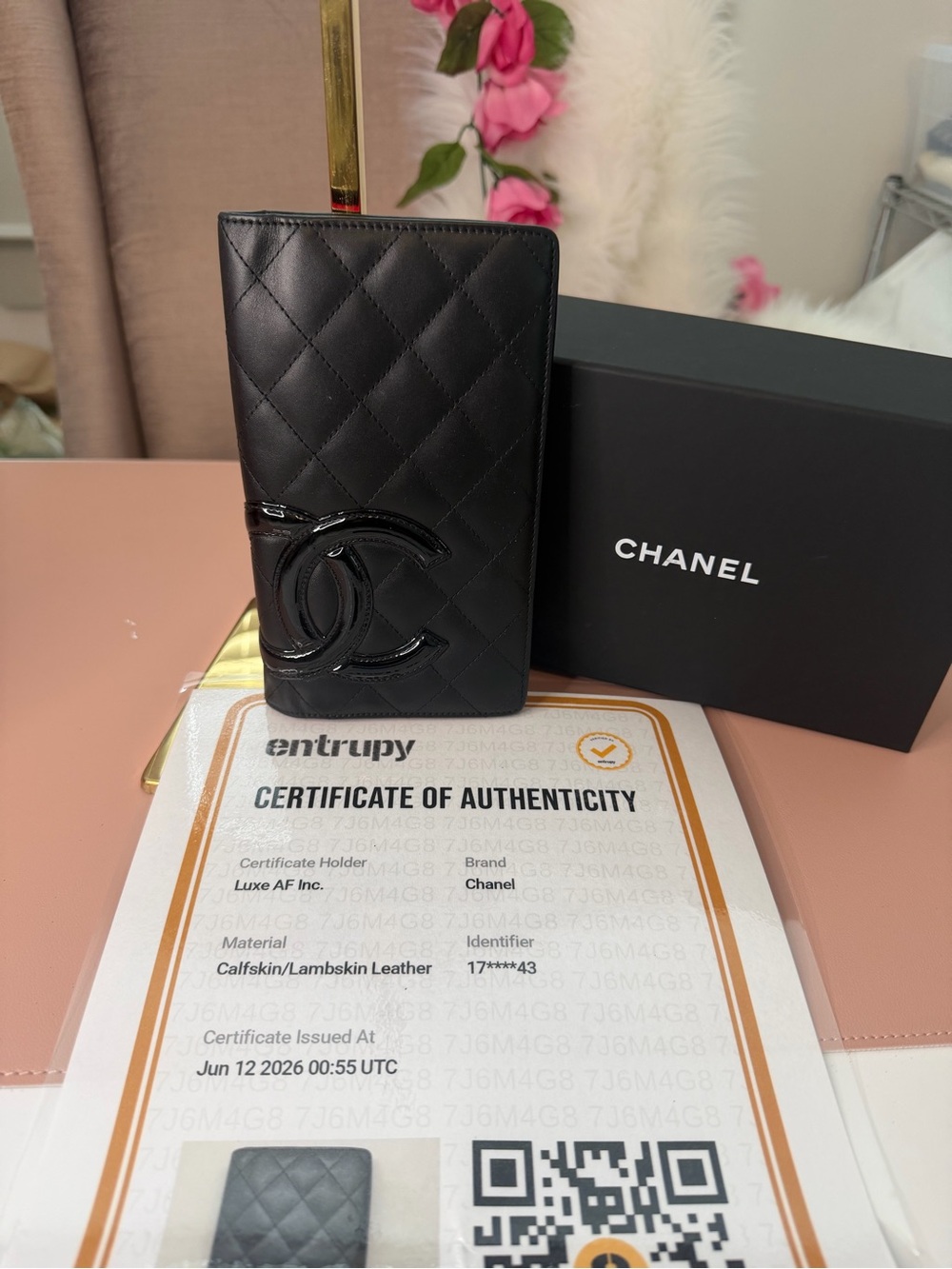 Chanel Cambon Quilted Calfskin Bifold Long Wallet Black & Neon Pink w/ Box & COA